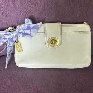 Legacy White Leather Coach Wristlet with Purple Scarf